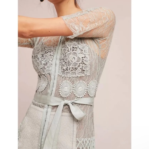 Anthropologie Byron Lars Carissima Gray Taupe Lace Tan Insert Sheath Dress 2P - Picture 3 of 4
